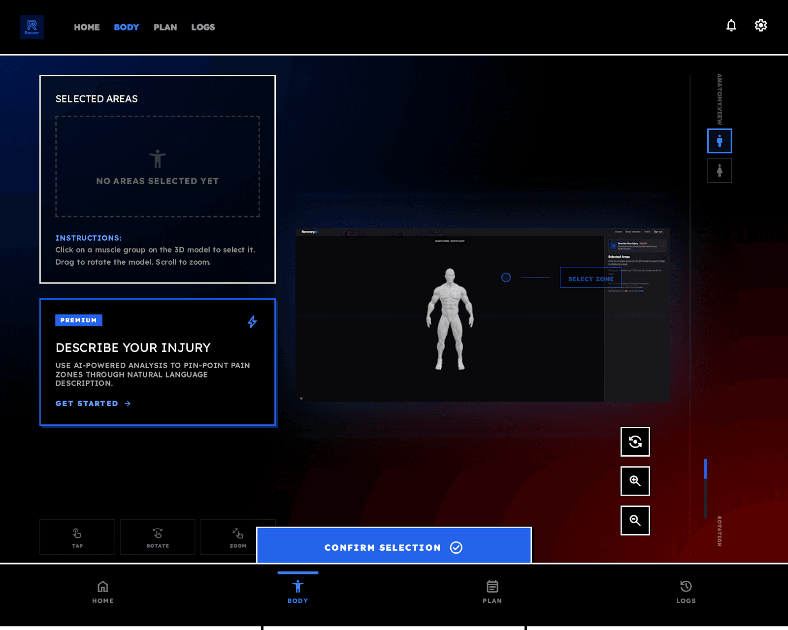 Body selector interface preview
